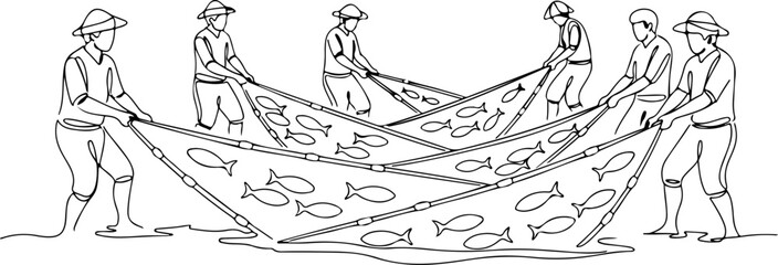 Obraz premium Continuous one line of a fisherman pulling a net, symbolizing traditional sea work, style hand drawing vector illustration.