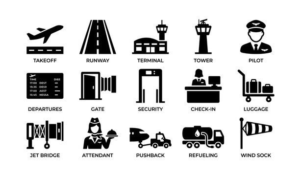 Airport icons: airplane, runway, terminal, control tower, pilot, check-in, luggage