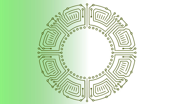 Green circular circuit board mandala with intricate geometric pattern symbolizing technology, connectivity, and digital innovation on a clean gradient background