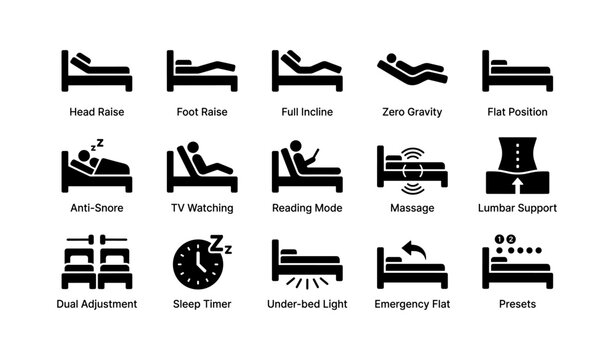 Adjustable bed icon set displaying various comfort and sleep positions