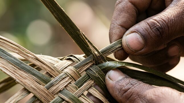 Extreme Close up of Hands Weaving Traditional Basket Using Natural Palm Leaves with Selective Focus