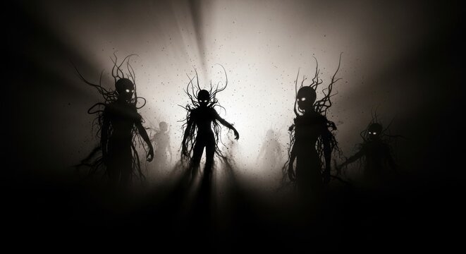 Creepy humanoid silhouettes with tentacles in bright misty background