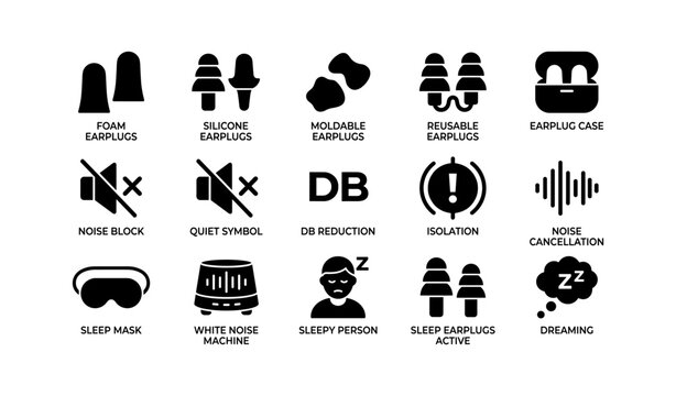 Various earplugs and noise reduction symbols for sleep and sound isolation