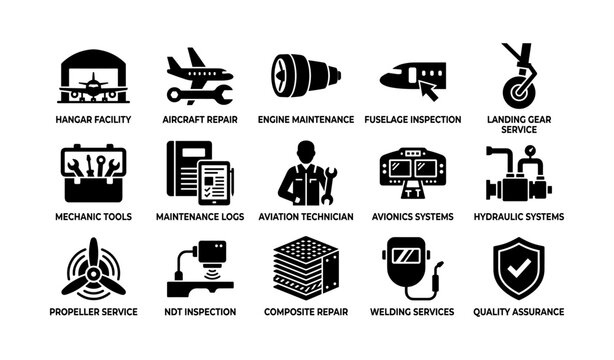 Aviation maintenance icons: tools, services, and systems