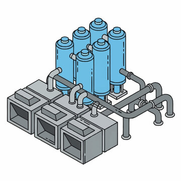 Industrial Water Filtration System with Blue Cylinders and Pipes.