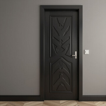 Modern dark wooden door design with geometric patterns set in a beige wall interior for elegant home renovations contemporary residential architecture and stylish entryway concepts.