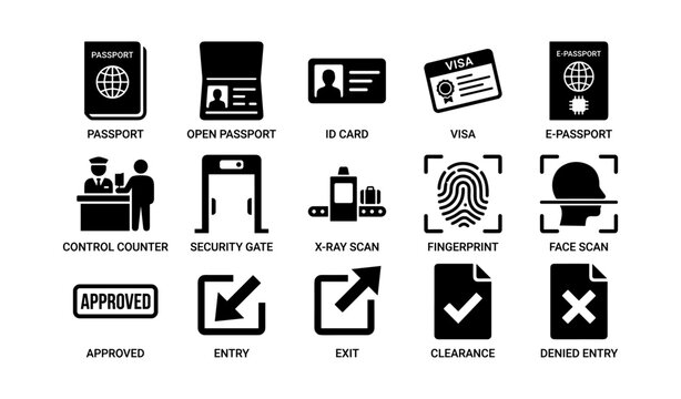 Passport and travel security icons: visa, id, fingerprint, and more