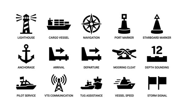Maritime symbols: navigation, anchors, and signals in black silhouette icons