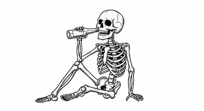 A skeleton sits on its side, holding a bottle to its mouth