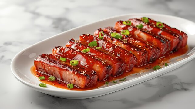 Delicious glazed pork ribs on a plate surrounded by various dishes on a table