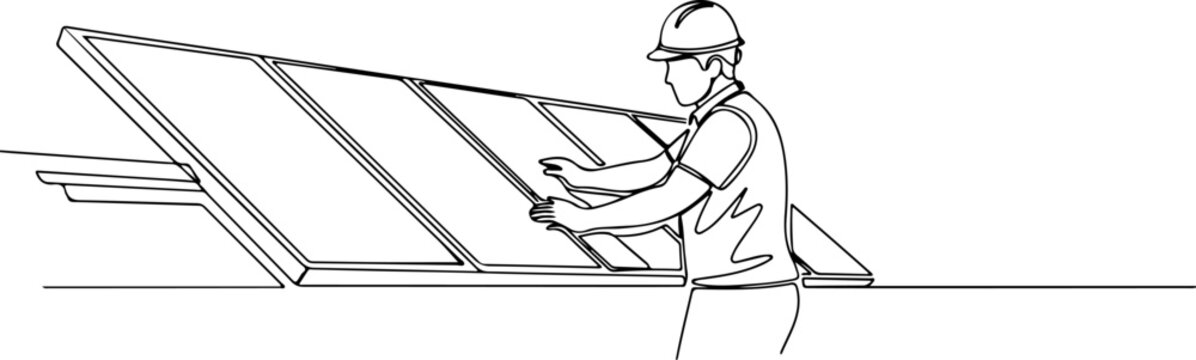 Continuous one line of a solar panel technician installing modules, symbolizing renewable energy, style hand drawing vector illustration.
