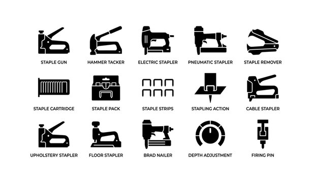 Set of stapler tools and accessories icons in black silhouette design