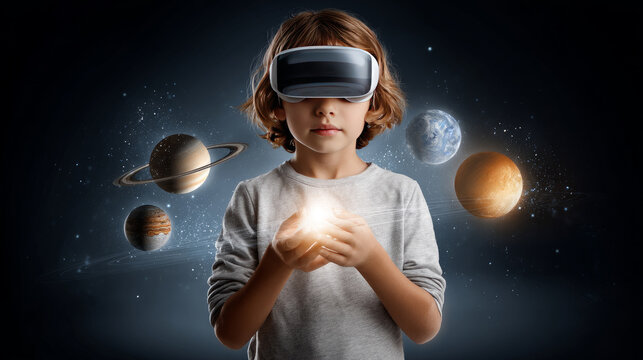 Child using virtual reality headset for metaverse, child looking into VR glasses. Little girl boy with futuristic glasses having fun, teenager playing video games. Technology, simulator, oculus future