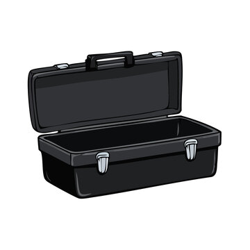 Open black empty toolbox with silver clasps and black handle