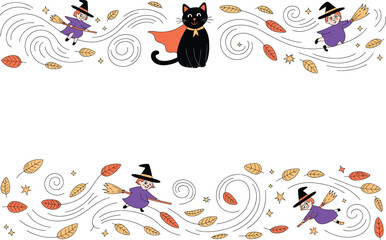 Halloween themed border with black cat and flying witches trick or treat halloween celebration illustration witchcraft seasonal greetings invitation background © MstAsmaAkter