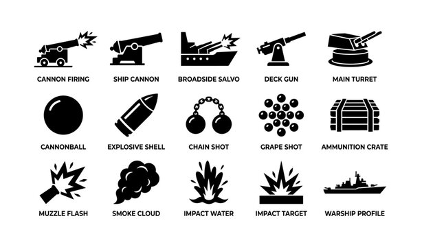 Naval artillery icons set: cannon, shells, warship elements