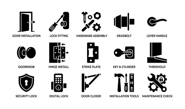 Door installation and lock security tools and components icons