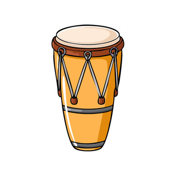 Illustration of a single conga drum, a tall, narrow percussion instrument made of wood with a stretched skin head.