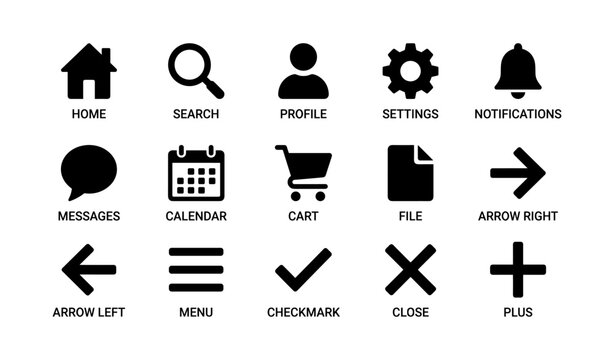 Basic ui icon set: home, search, profile, settings, notifications, messages