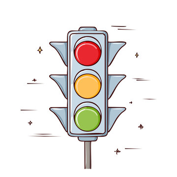 Cartoon traffic light showing red yellow and green signals with decorative lines and stars