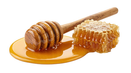 Honeycomb and wooden honey dipper with dripping golden honey golden brown food ingredient food preparation kitchen utensil honeycomb dripping beekeeping ingredient as isolated element