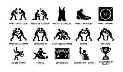 Fototapeta premium Wrestling icons: stance, singlet, shoes, mat, techniques, referee, trophy