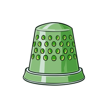Green sewing thimble with circular holes and reflective highlights for protecting fingers during needlework