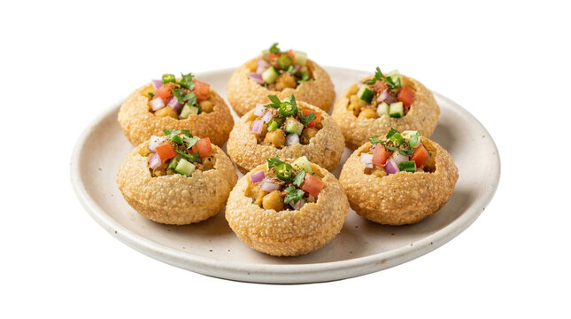 Plate of six pani puri stuffed with spicy chickpea and vegetable filling as isolated element