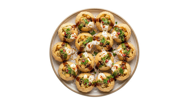 Plate of golgappa indian street food snack main dish light meal party food finger food asian food indian cuisine food platter food presentation food styling as transparent object