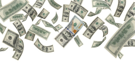 Hundred dollar bills falling in a cascade with currency greenback banknote investment celebration business financial transaction exchange mortgage monetary advertising as isolated object © AsmArif
