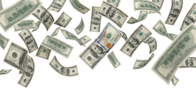 Hundred dollar bills falling in a cascade with currency greenback banknote investment celebration business financial transaction exchange mortgage monetary advertising as isolated object