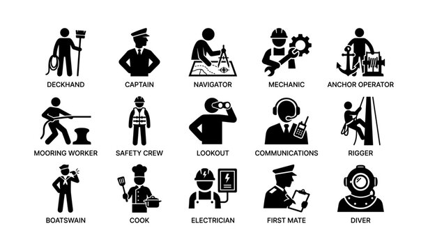 Maritime occupation icons: deckhand, captain, navigator, mechanic, anchor operator