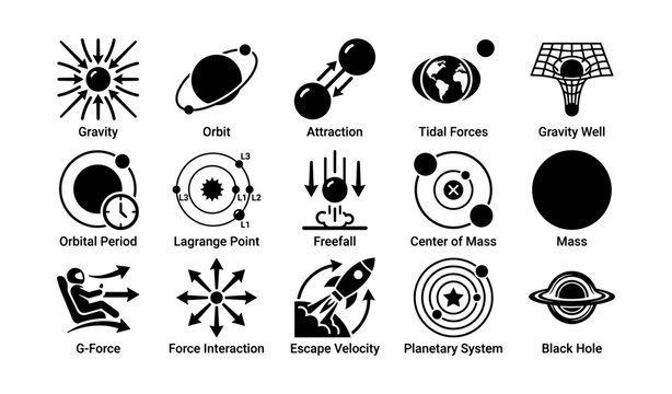 Astronomy symbols: gravity, orbit, black hole, planetary system, tidal forces