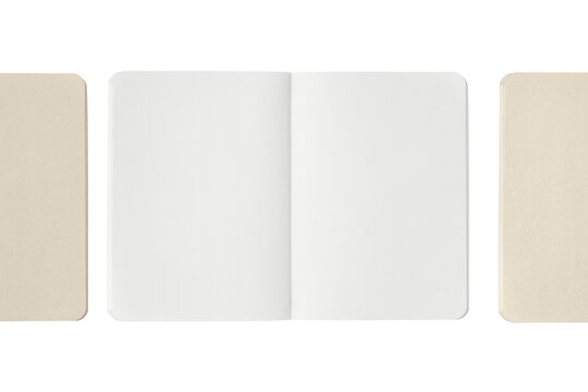 Three open notebooks side by side: a white notebook in the center, flanked by kraft paper notebooks