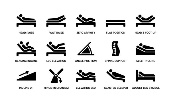 Adjustable bed icons: incline, elevation, support, sleep positions, mechanisms