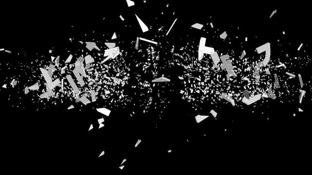Bold LIMITED text shatters into flying fragments on black background. dynamic break effect, cinematic motion loop. limited time, broken text, impact effect, particle explosion, dramatic reveal