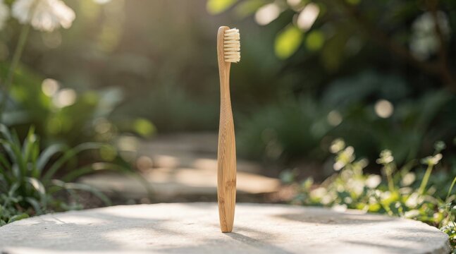 Bamboo toothbrush on a stone in a garden, representing sustainable, zero waste dental hygiene.