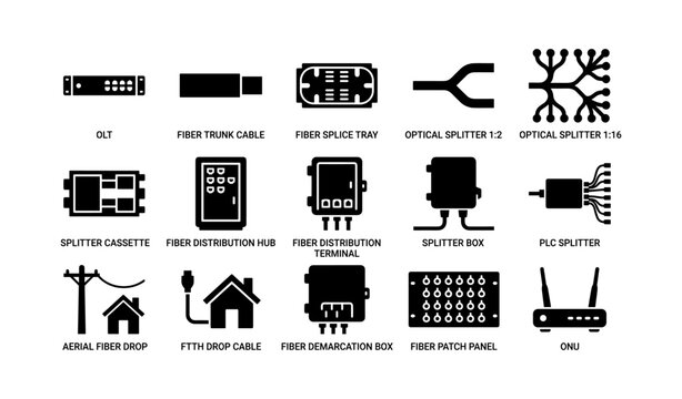 Fiber optic network components icons: olt, cables, splitters, distribution, ont