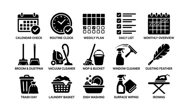 Household chore icons: cleaning tools, organizing, and daily routines
