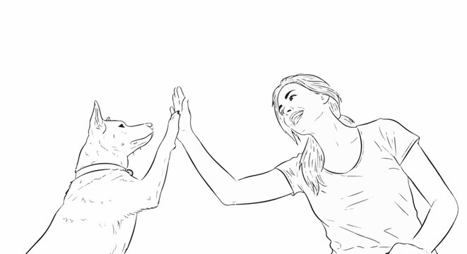A sketch shows a happy person and dog giving each other a high five