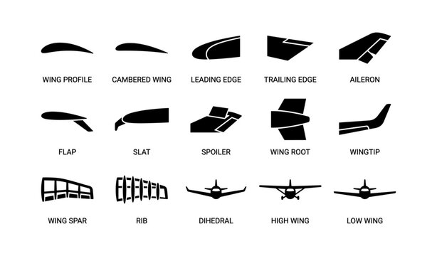 Airplane wing structure silhouettes - profiles, aileron, flap, slat, spoiler, wingtip, spar, rib