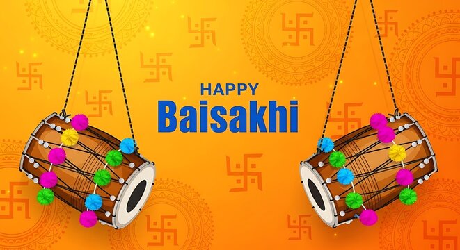Happy baisakhi festival celebration with traditional dhol drums and auspicious symbols on orange background baisakhi festival celebration cultural religious