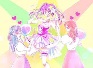 Fototapeta premium 歌って踊るアイドルとうちわとサイリウムを持って推し活をする女性2人 ピンク色 ライト