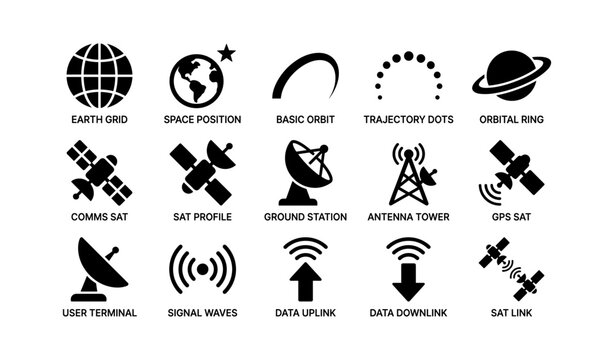 Satellite communication symbols: antennas, orbits, and signal icons collection