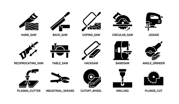 Various power and hand tools icons including saws cutters drills and grinders