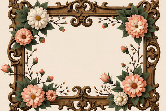 Vintage rectangular frame featuring elegant ornamental borders and delicate blooming flowers for classic wedding invitations and romantic greeting card design.