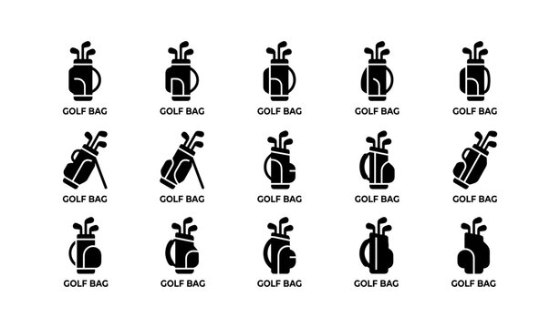 Set of golf bag icon variations in black silhouette style