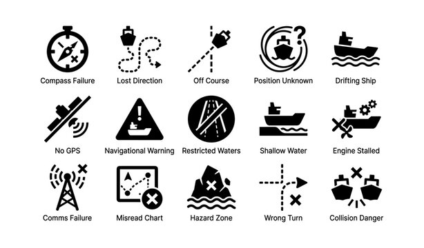 Maritime navigation signs indicating compass failure and collision danger