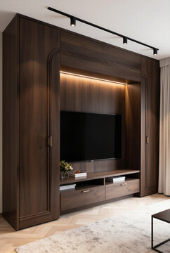 Modern living room interior featuring an elegant dark wood paneled wall with a flat screen tv and stylish minimalist decor for luxury residential architecture design.