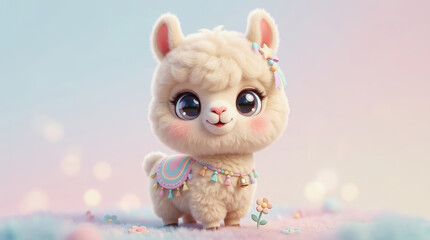 Fototapeta premium Cute Cream Colored Alpaca Standing on Pastel Grass